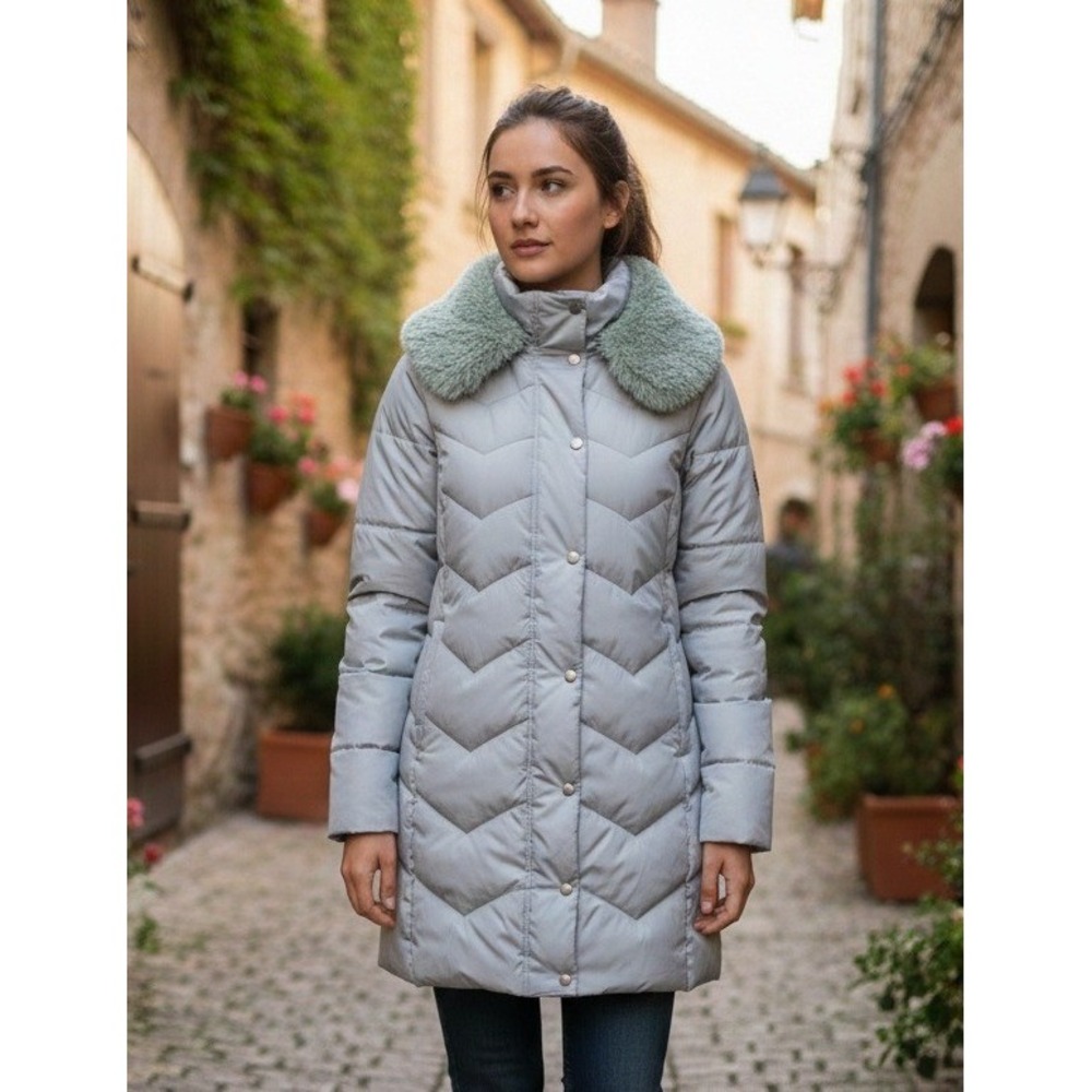London Fog Women's Down Quilted Puffer Coat Faux Fur Collar Size XL? Gray Winter
